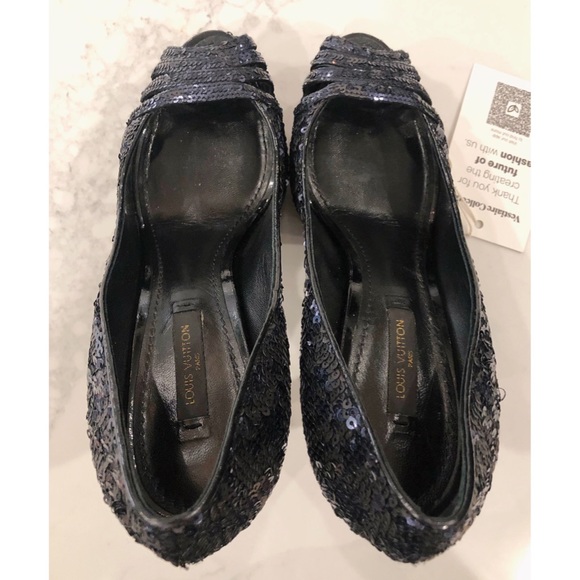 LOUIS VUITTON Dark Midnight Blue Sequin Glitter Sparkle Peep Toe Platform Pumps - Picture 12 of 17